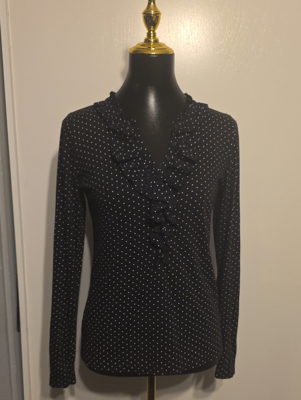 LOFT Black Polka Dot Ruffle-Trim Long Sleeve Dress